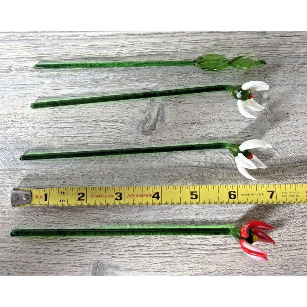 Vtg 4 Hand Blown Glass Swizzle Cocktail Stirring Sticks Flowers Red White Green - Picture 7 of 8